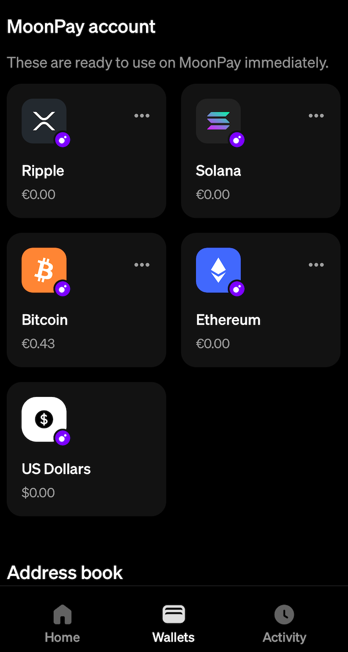 A screenshot of crypto wallets in the MoonPay app